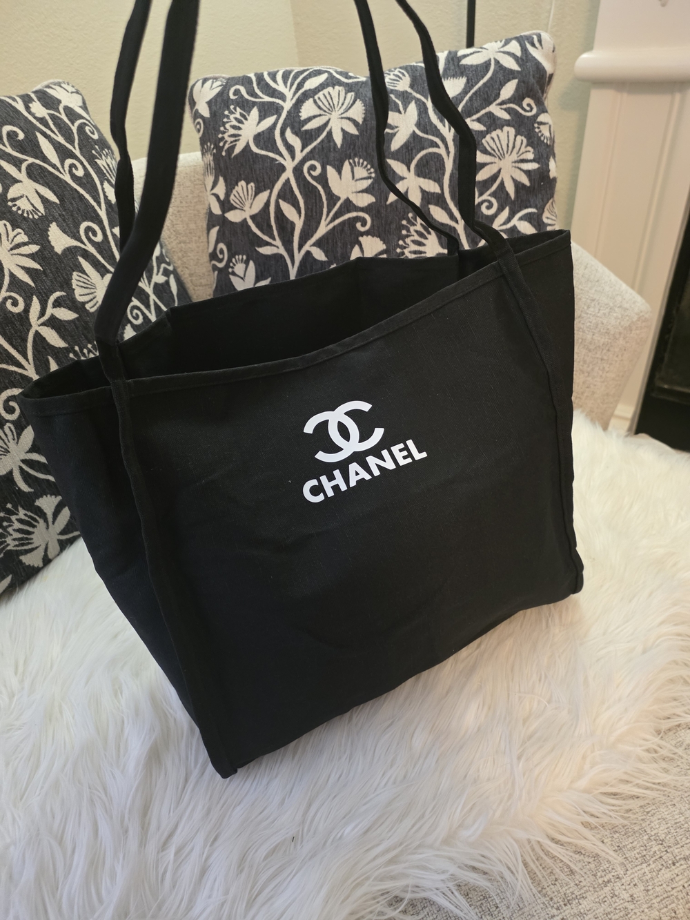 Black Canvas Tote Bag with White Print - Picture 4 of 9